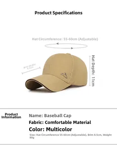 Detailed size chart for cotton baseball cap showing 8.5cm brim and 55-60cm circumference