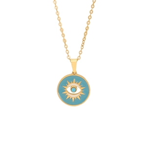 Gold evil eye pendant necklace with blue enamel sunburst design on a white background