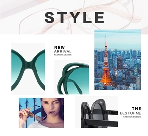 Collage of fashion oval sunglasses featuring a city tower and stylish model wearing frames