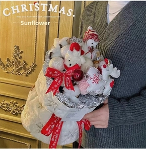 Bouquet de Noël avec ours en peluche, flocons et rubans Merry Christmas en fausse fourrure