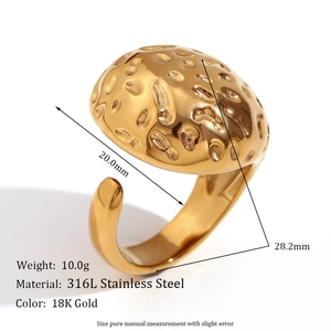 Bague goutte d'eau en acier inoxydable 316L plaqué or 18K avec texture martelée