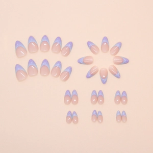 Purple marble French almond press-on nails set with elegant swirl patterns