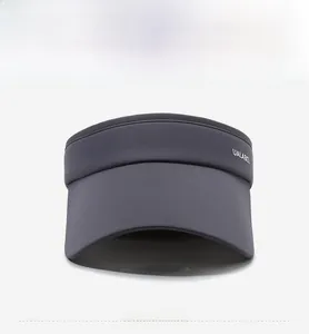 Close-up of dark grey ice silk sun visor hat with UALABEL side logo and elastic matte fabric