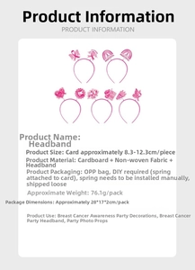 Detail of pink ribbon breast cancer awareness headbands with dimensions and material specs