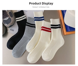 Detail of ribbed knit cotton crew socks with double stripes in sport casual style