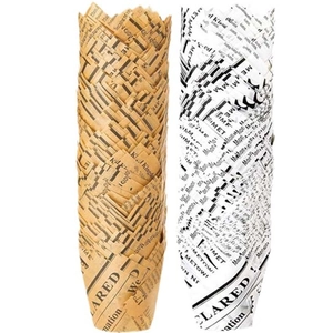 Brown and white tulip cupcake liners with newspaper print pattern for baking muffins