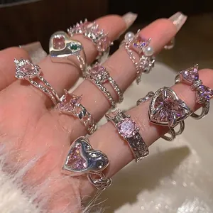Pink heart zircon bowknot silver ring set for women with sweet aesthetic style