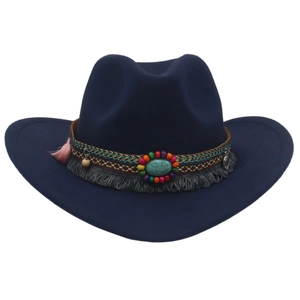 Dark blue Western cowboy hat with colorful beaded band and tassels on white background