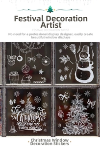 Macro detail of white hand-drawn Christmas tree and snowflake window static stickers
