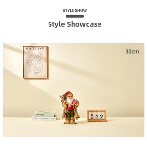 Detail view of 30cm Santa Claus figurine in plush brown coat and festive red suit