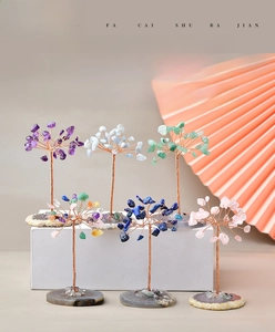 Detail of handcrafted mini crystal trees with copper wire and colorful agate bases
