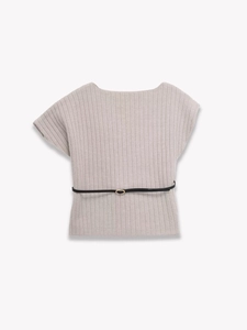 Detail view of ribbed knit short sleeve top in beige with a slim black gold-buckle belt