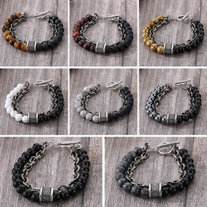 Bracciale Uomo Acciaio Inossidabile Occhio Di Tigre Perline Catena Doppio Strato Retro Punk Chiusura Toggle Gioielli