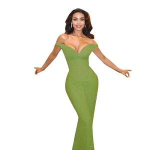 Robe de soirée verte à paillettes avec épaules dénudées et coupe longue ajustée à la taille