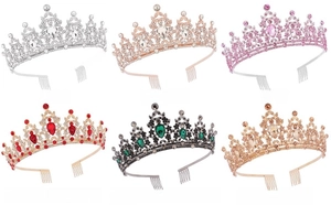 Multiple colors of bridal crystal crowns including silver rose gold and gold with combs