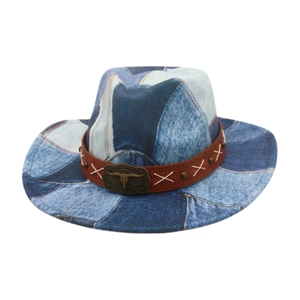 Vintage western cowboy hat with denim print and bull head metal buckle on brown leather band