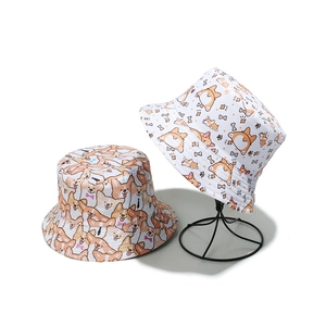 Reversible Corgi Dog Print Bucket Hat Polyester Cartoon Animal Sun Protection Outdoor Fisherman Hat For Women