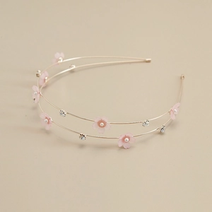 Double-layered gold alloy headband with pink matte flowers, pearls and crystals