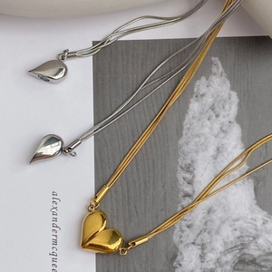 Titanium steel snake chain necklace with gold heart and silver teardrop magnetic pendants