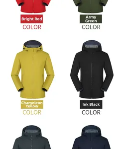 Grid layout showing softshell hooded jackets in red, green, yellow, and black colors