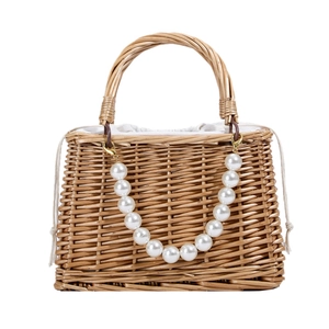 Handmade woven straw tote bag with large pearl chain and drawstring inner liner