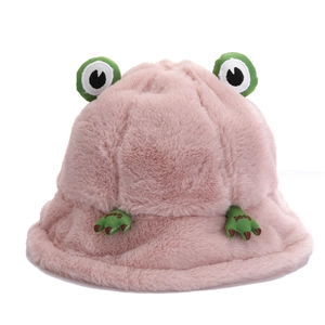 Pink plush frog fisherman hat with cute eye decorations and Good embroidery