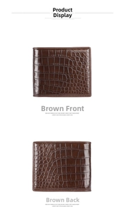 Detail view of brown crocodile skin texture on premium leather men's bifold wallet