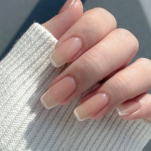 French Tip Press On Nails Coffin Shape Nude Pink And White Glossy False Nails For Women Simple Elegant Manicure
