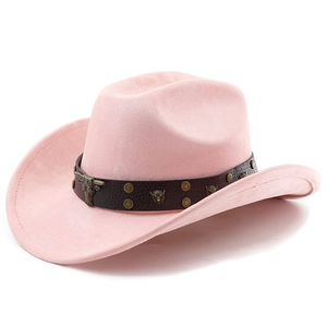 Detail of pink suede cowboy hat featuring leather band with metal rivets and bull head buckle