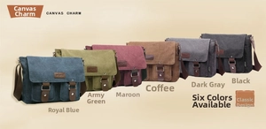 Detailed grid view showing six colors of durable canvas messenger bags for men