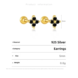 Detail showing 5mm gold plated S925 silver clover studs with black cubic zirconia stones