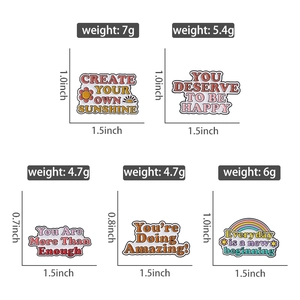 Detailed size and weight specifications for cute inspirational enamel quote pins