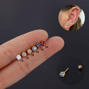 Detailed set of 20G stainless steel screw-back cartilage studs with six zircon colors