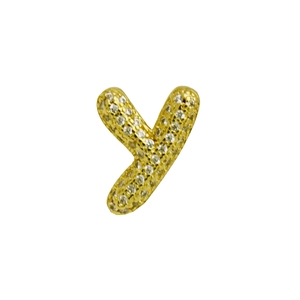 Close-up of golden letter Y pendant with crystal pavé setting and metallic finish