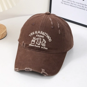Distressed dark brown baseball cap with rabbit embroidery and wide brim for women