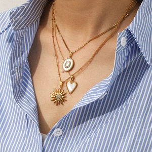 Pendant Necklace Stainless Steel 18K Gold Plated Rhinestone Shell Heart Sun Compass Jewelry For Women Ins Style Minimalist Accessory