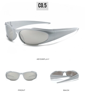 Silver Y2K cycling sunglasses multi-angle display with 45-degree front and back views