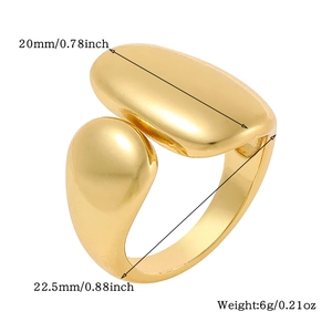 Detail view of the gold adjustable ring showing dimensions 20mm height and 6g weight