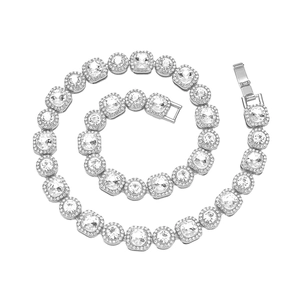 Silver hip hop tennis necklace featuring alternating square and round cubic zirconia stones