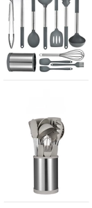 Close-up of 12-piece silicone kitchen utensil set with stainless steel handles and rotating bucket