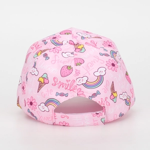 Adjustable back strap detail of pink kids baseball cap with sweet cartoon prints