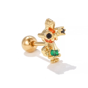 Golden cartoon stud earring with colorful gems and secure screw ball back closure