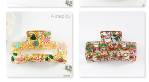Detail of 8cm acrylic hair claws with embedded Christmas tree, snowman and star sequins