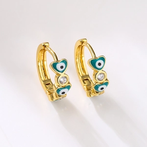 Gold plated evil eye hoop earrings with green heart enamel and sparkling zircon accents