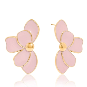Detailed view of pink floral stud earrings with gold metallic edges and soft shadows