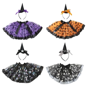 Girls Halloween witch costume set featuring mesh tutu skirts and matching hat headbands