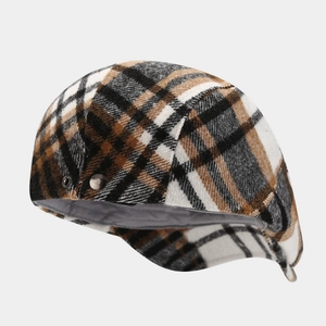 Béret classique à carreaux marron pour l'automne avec bouton métallique et doublure matelassée