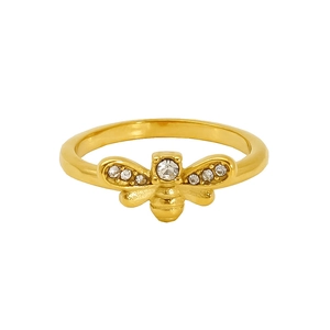 Golden titanium steel honey bee ring with micro-pave white crystals for women