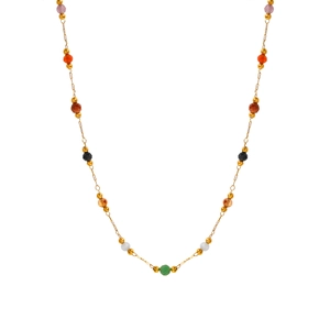 Colorful natural stone beaded necklace with a thin gold-plated stainless steel chain