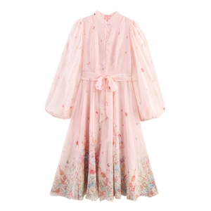 Floraal Geborduurde Maxi Jurk Roze Chiffon Opstaande Kraag Lantaarnmouwen Taille Knoop Elegant Lang Voor Dames